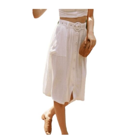 Charlie Holiday Fleur Linen Belted Midi Skirt Ecru Knit 4 - Picture 2 of 7